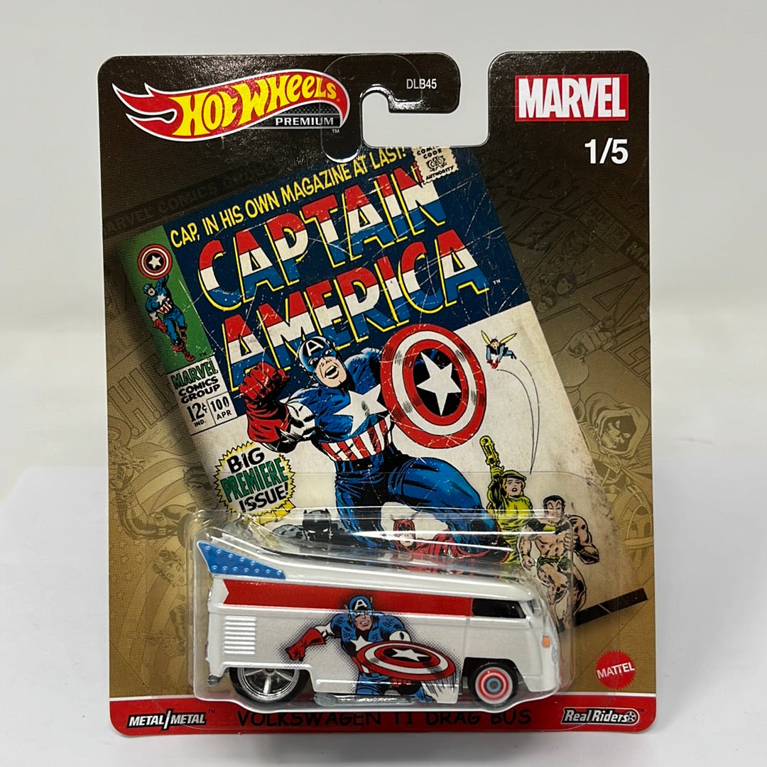 Hot wheels premium marvel captain america volkswagen t1 drag bus real riders