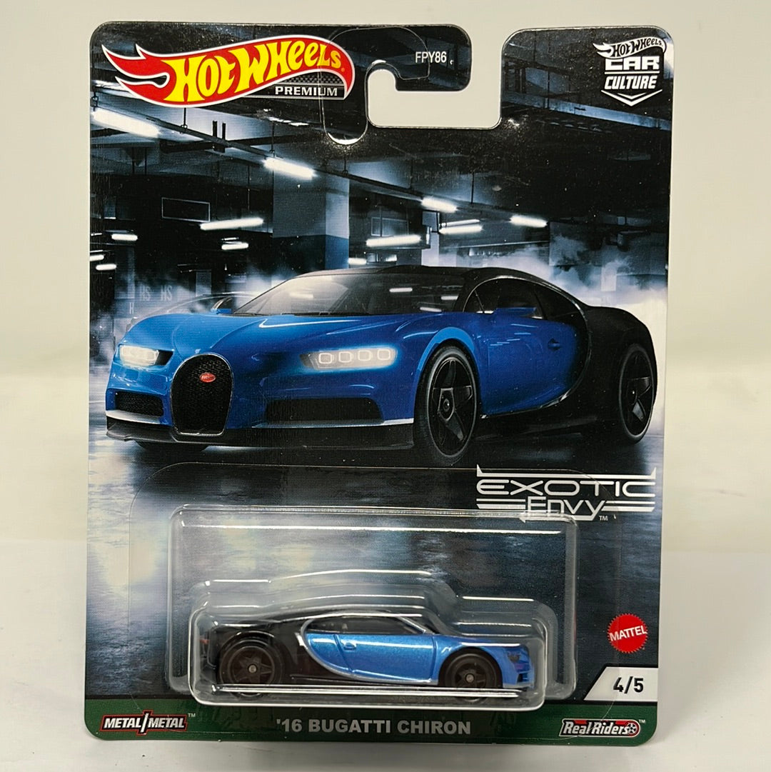 Hot wheels premium exotic ervy 16 bugatti chiron real riders